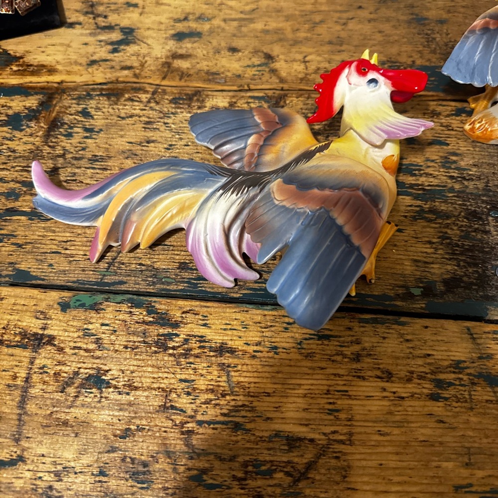 Colorful Chalkware Roosters